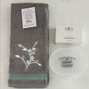 Vestal Gray Towel, Gilchrist & Soames soap and soap dish set